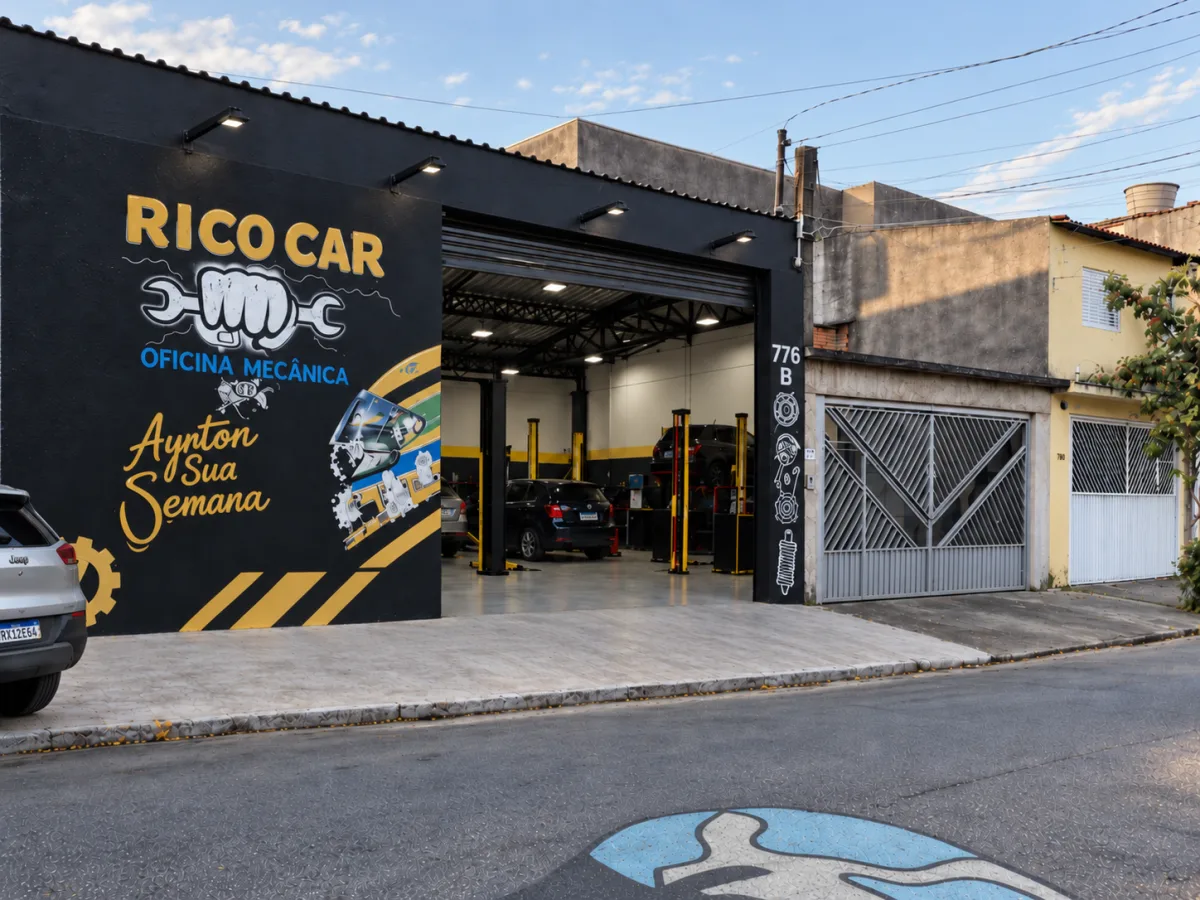 Fachada da oficina mecânica Rico Car na Cidade Centenário, São Paulo